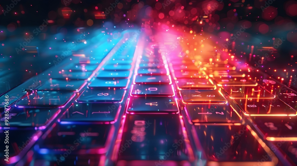 Poster mesmerizing futuristic holographic keyboard projected on desk with vibrant colors and technology con
