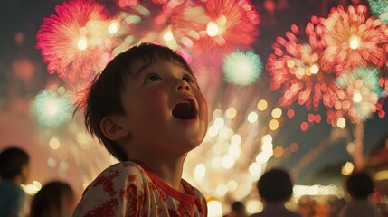 A joyful child watching fireworks with amazement and excitement. vibrant colors of fireworks illuminate night sky, creating festive atmosphere. 