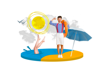 Collage 3d pop pinup picture poster image of strong confident man swimmer saves girl from drowning isolated drawing background