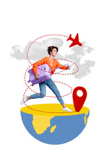 Picture 3d collage poster image artwork of funky happy miniature girl running airport registration...