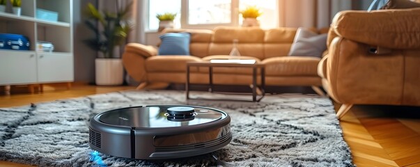 Obraz premium Autonomous Robotic Vacuum Cleaner Navigating and Cleaning Living Room Interior