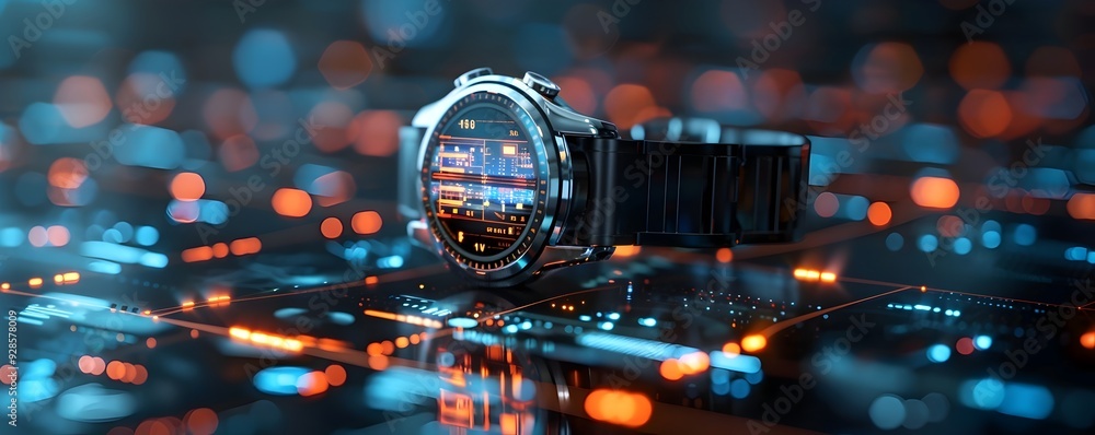 Poster futuristic smart watch with advanced holographic display and health monitoring features