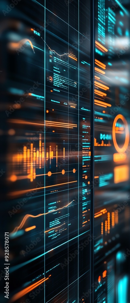 Poster futuristic digital interface with vibrant graphs, statistics, and data visualizations in blue and or