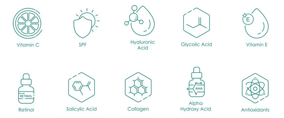 Vitamin C, SPF, Hyaluronic Acid, Glycolic Acid, Vitamin E, Retinol, Salicylic Acid, Collagen, Alpha Hydroxy Acid, and Antioxidants Vector Illustration Icon Set