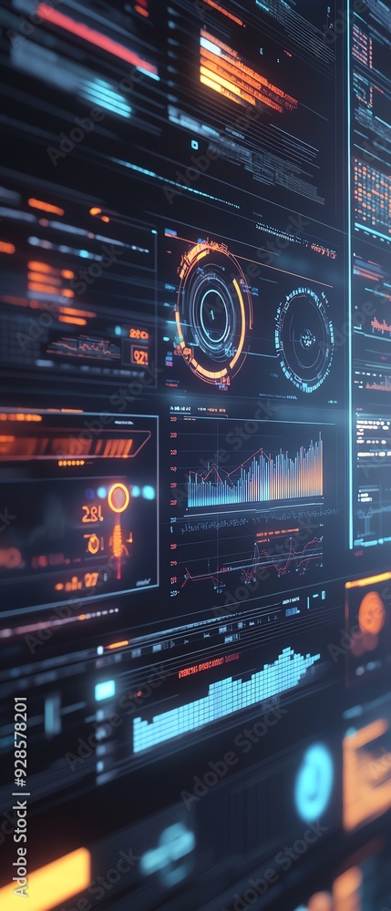 Poster futuristic digital interface featuring vibrant graphs, charts, and data visualizations in a sleek, h