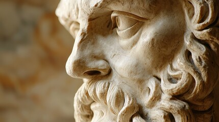 Naklejka premium A close up of classical marble sculpture depicting wise figure, showcasing intricate details of beard and facial features, evoking sense of contemplation and wisdom. 