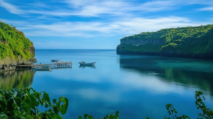A serene coastal view with boats in calm waters surrounded by lush greenery and cliffs.