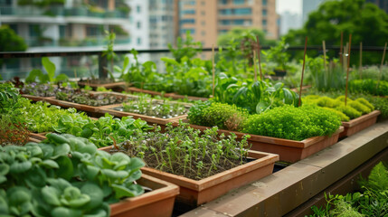 Vibrant rooftop garden filled with various herbs and leafy greens in well-organized planter boxes against an urban backdrop