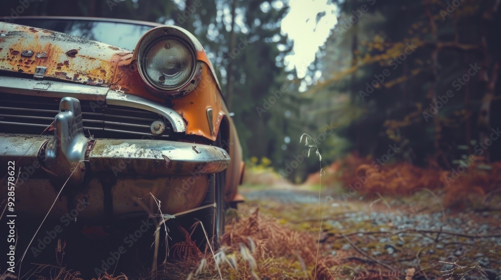 Poster abandoned vehicle surrounded by trees and foliage, ideal for use in scenes depicting isolation or de