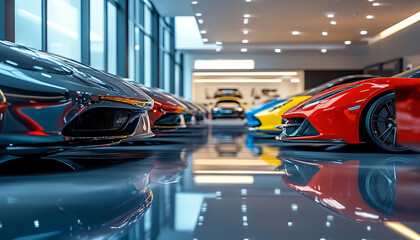 Create an image of a luxury car showroom with sleek, shiny sports cars and SUVs lined up. The room is brightly lit with glossy floors, and sales brochures are neatly arranged on a modern desk