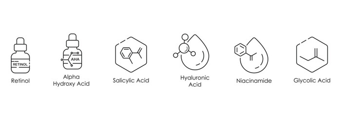 Retinol, Alpha Hydroxy Acid, Salicylic Acid, Hyaluronic Acid, Niacinamide, and Glycolic Acid Vector Illustration Icon Set
