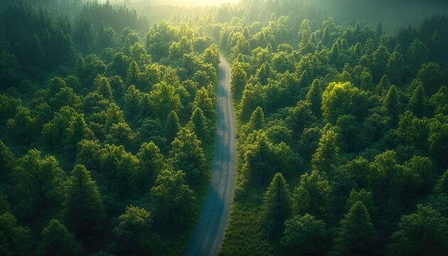 Aerial Landscape: Road Through Lush Pine Tree Forest