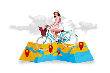 Collage advert poster pinup pop banner image of funky positive girl traveling countries eco...