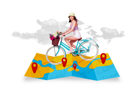 Collage advert poster pinup pop banner image of funky positive girl traveling countries eco transport isolated painting background