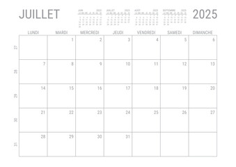 Calendrier Juillet 2025 Mensuel Planificateur avec Numero de Semaine à imprimer A4	