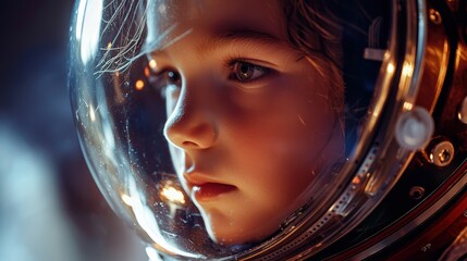A young child gazes thoughtfully through space helmet, evoking sense of wonder and curiosity about universe. lighting highlights their expressive features. 