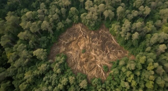 Aerial view of the Amazon highlights the contrast between thriving green forest and a barren, deforested zone littered with stumps. Few trees remain, standing alone beneath a gloomy.