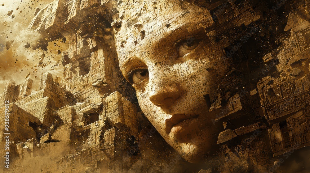 Poster a surreal depiction of womans face merging with ancient ruins, evoking sense of mystery and wonder. 