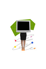 Collage 3d sketch poster of weird unusual unknown young faceless girl tv set instead head modern...