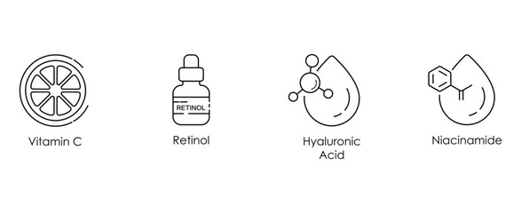 Vitamin C, Retinol, Hyaluronic Acid, and Niacinamide Vector Illustration Icon Set