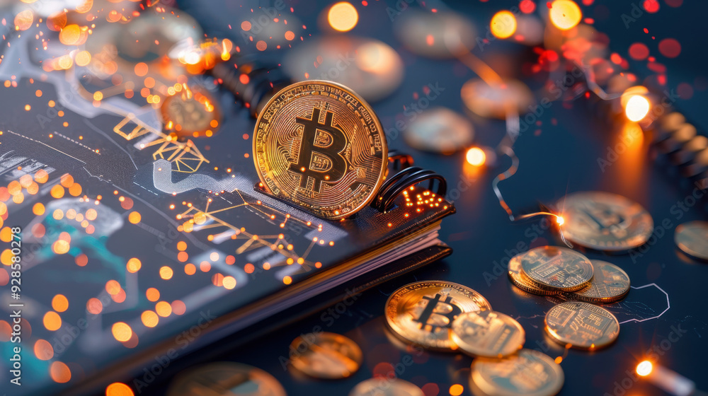 Poster close-up view of cryptocurrency coins on a dark surface, highlighting a bitcoin atop a trading book 