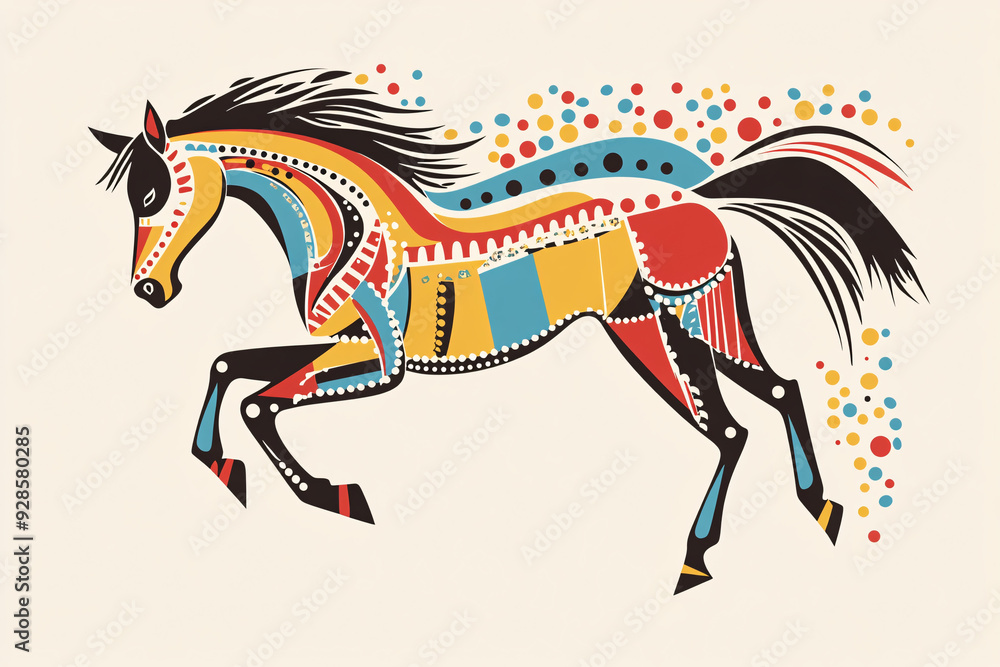 Poster vibrant abstract horse illustration using bold patterns and bright colors showcasing a dynamic sense