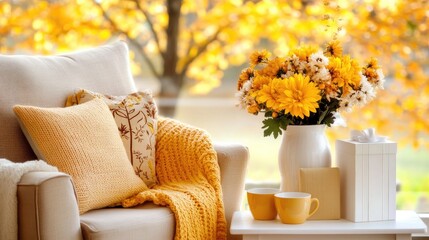 A cozy living room features a yellow knitted blanket on the sofa, a table with coffee cups, and an autumn tree outside with vibrant golden leaves