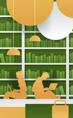 Fototapeta premium Library students studying with laptops modern papercut style illustration. Two figures with laptops in a library setting surrounded by bookshelves and hanging lamps