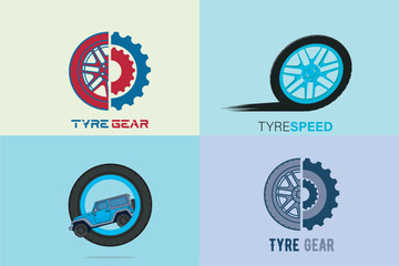 Collection of Car wheel tire with Wheel and gear and Car in a Tire vector illustration.