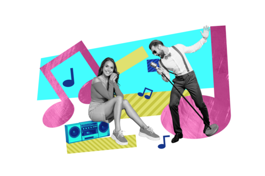 Photo collage artwork minimal picture of smiling lady listening singer boom box music isolated creative background