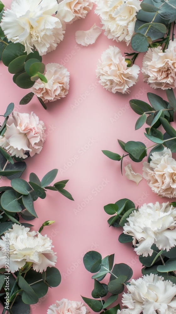 Poster delicate white and pastel flowers encircle a smooth pink backdrop, creating a tranquil and inviting 