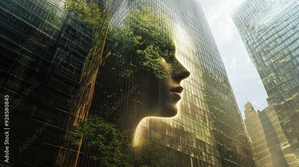 Poster a serene and contemplative expression is depicted in this artistic image, blending nature and urban 