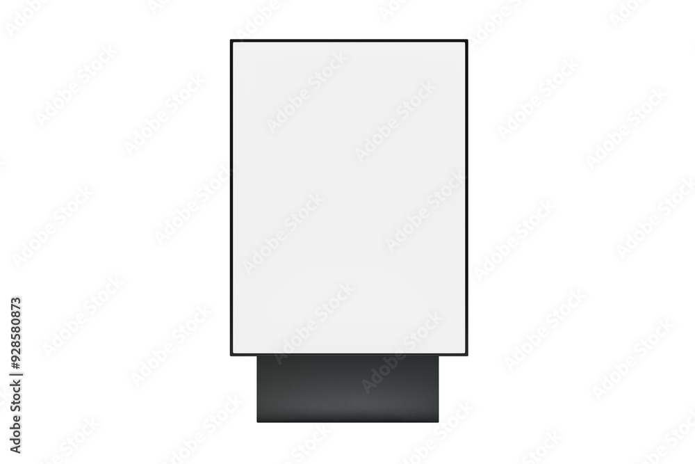 Poster Blank vertical screen display mockup with black frame and base on a white background. Ideal for advertising and presentation purposes. 3D Rendering
