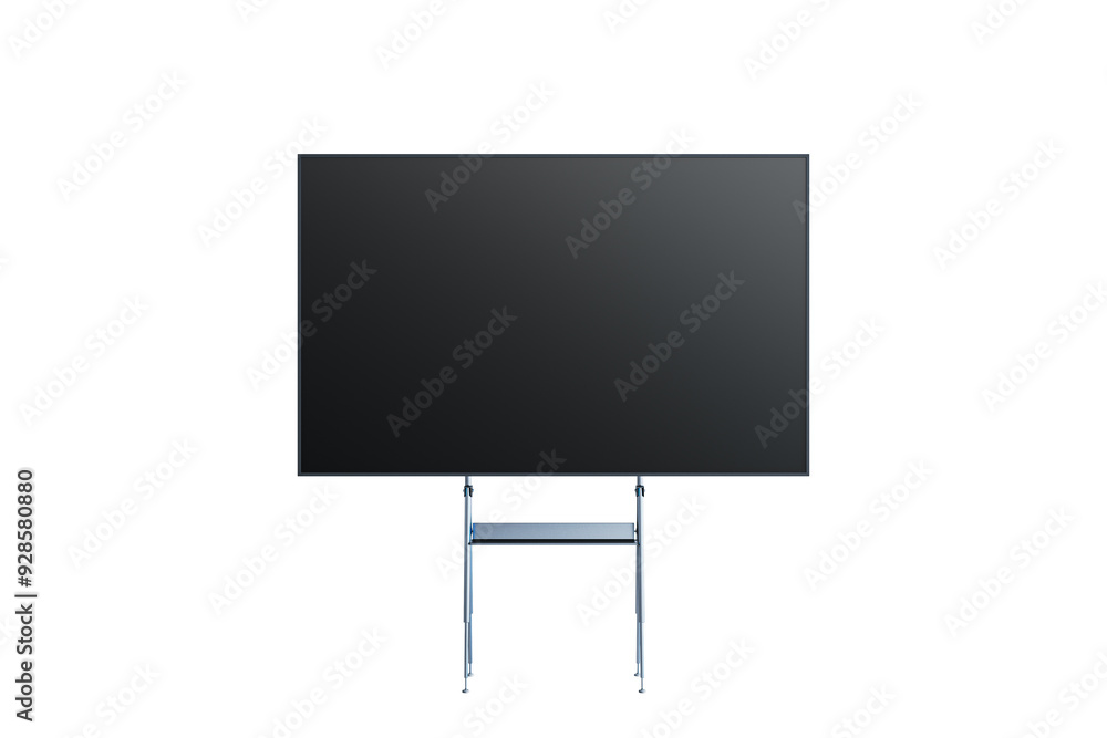 Poster a large black screen on a metal stand, isolated on a white background. ideal for presentations, meet