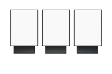 Three blank vertical display screens with black borders on a white background. Concept of digital signage mockup. 3D Rendering