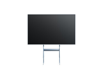 A large black screen on a metal stand, isolated on a white background. Ideal for presentations, meetings, or as a template for display designs. 3D Rendering