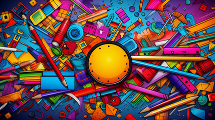 Bright And Colorful Explosion Of Art Supplies Featuring Pencils Rulers And Art Tools With A Dynamic And Energetic Composition