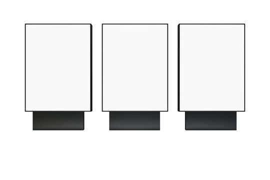 Three blank vertical display screens with black borders on a white background. Concept of digital signage mockup. 3D Rendering