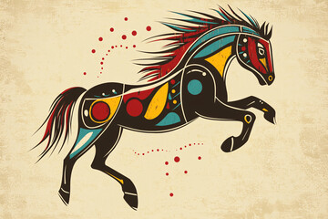 A stylized illustration of a horse adorned with tribal patterns and vibrant colors evoking a sense of movement and cultural richness