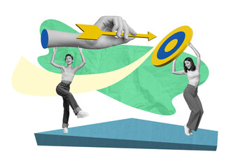 Illustration collage of young girls business partners cooperation aim goal target arrow achievement...