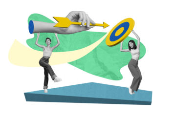 Illustration collage of young girls business partners cooperation aim goal target arrow achievement dartboard isolated on drawn background