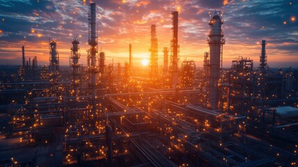 Industrial Refinery at Sunset with Glowing Lights and Dramatic Sky