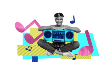 Collage artwork graphics picture of funky guy listening boom box songs music isolated white color background