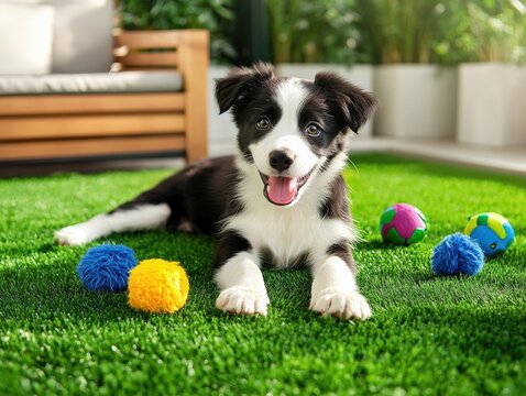 Happy Border Collie Puppy Playing with Toys on Artificial Grass in Backyard