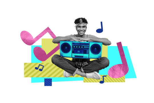 Collage artwork graphics picture of funky guy listening boom box songs music isolated white color background