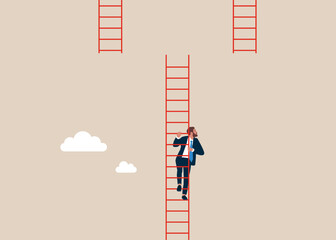 Human doubtful choosing ladder to go higher ladder. Modern vector illustration in flat style © Vadym