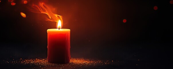 A glowing red candle flickers softly, casting warm light and shadows in a dark setting, creating a serene and calming atmosphere.