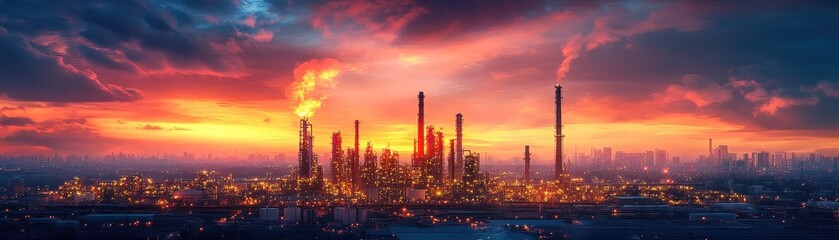 Industrial Refinery at Sunset with Dramatic Sky and Cityscape in the Background
