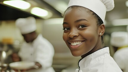 A smiling young chef in professional kitchen, exuding joy and confidence. 