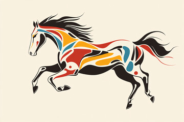 stylized illustration of a galloping horse with abstract geometric patterns in vibrant colors on a beige background